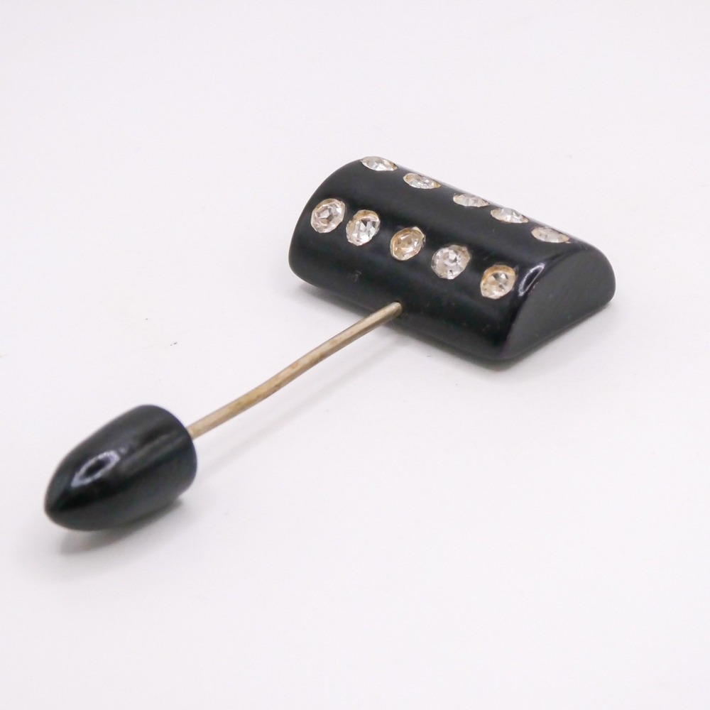 Art Deco Black Bakelite Rhinestone Jabot 2.25" Mens Womens Pin Brooch